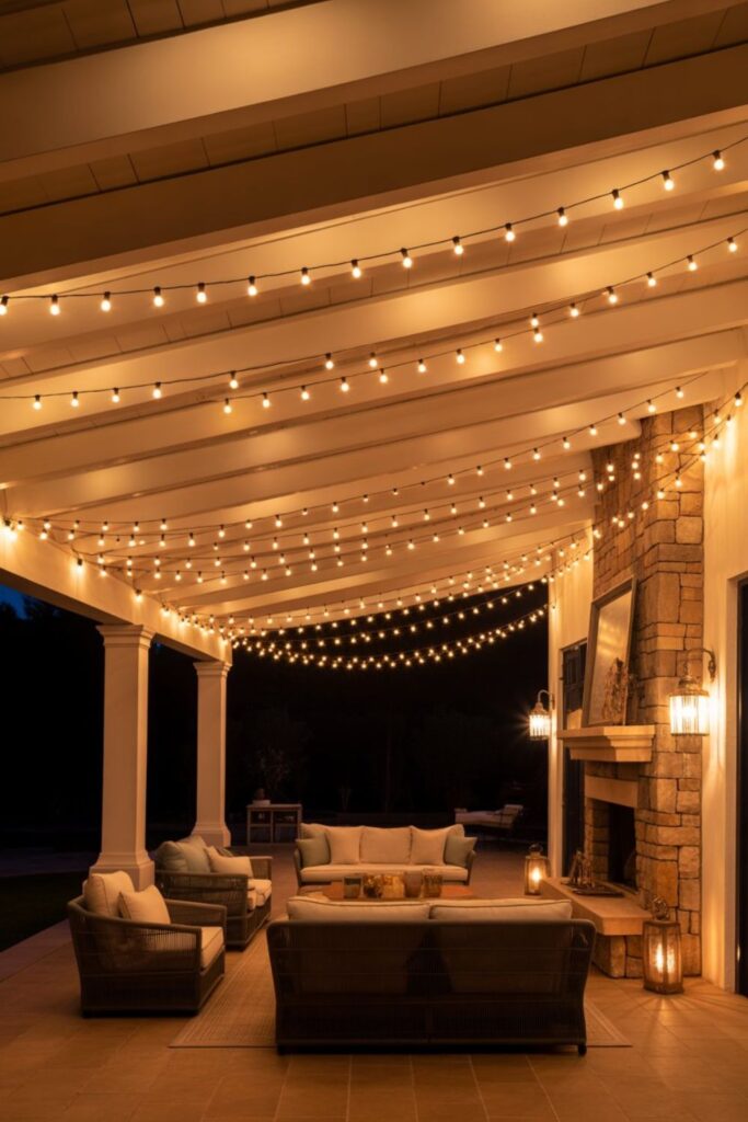 25+ Cozy Outdoor Covered Patio with Fireplace Ideas 5 Adding Lighting to Your Covered Patio