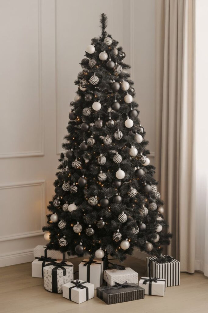 Stunning Black Christmas Tree Ideas: Bold and Modern Holiday Decor 2 Monochromatic Magic: Black and White Christmas Tree Perfection