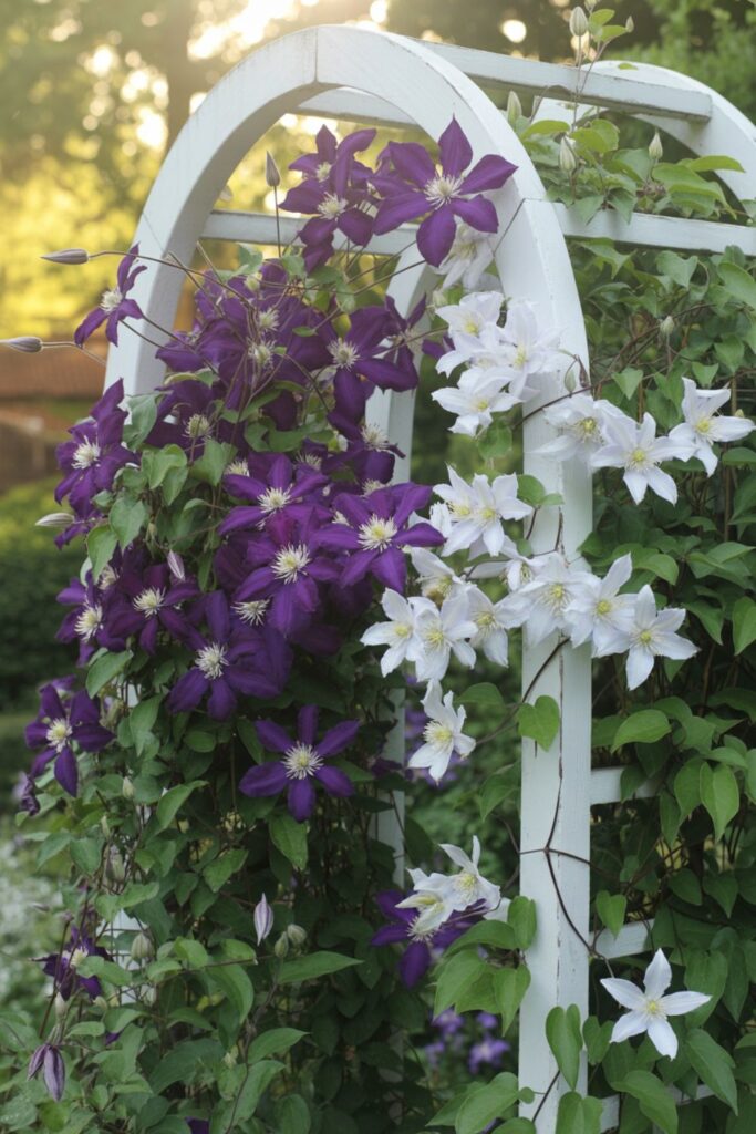 29+ Clematis Trellis Ideas for Beautiful Vertical Gardens 4 Combining Multiple Clematis on Shared Structures