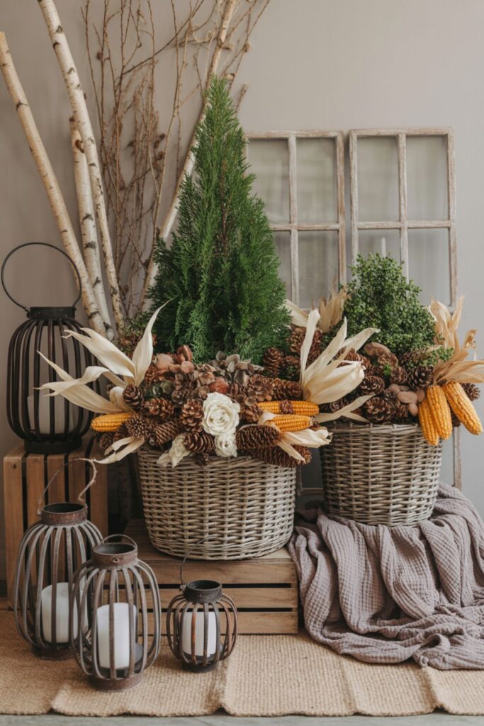 25+ Beautiful Fall Planter Ideas for a Stunning Autumn Outdoor Space 4 ncorporating Decorative Elements and Natural Materials