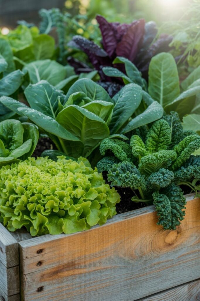 A raised bed filled with leafy greens like lettuce, spinach, and kale.