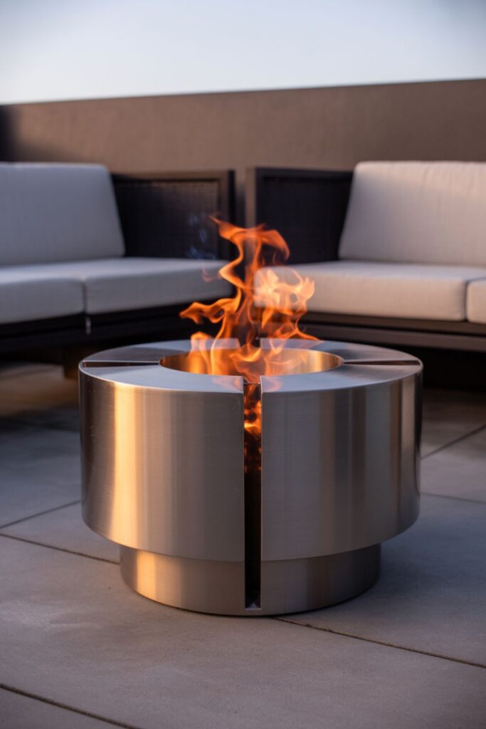 Modern fire pit with clean lines, metal finish, and minimalist design.