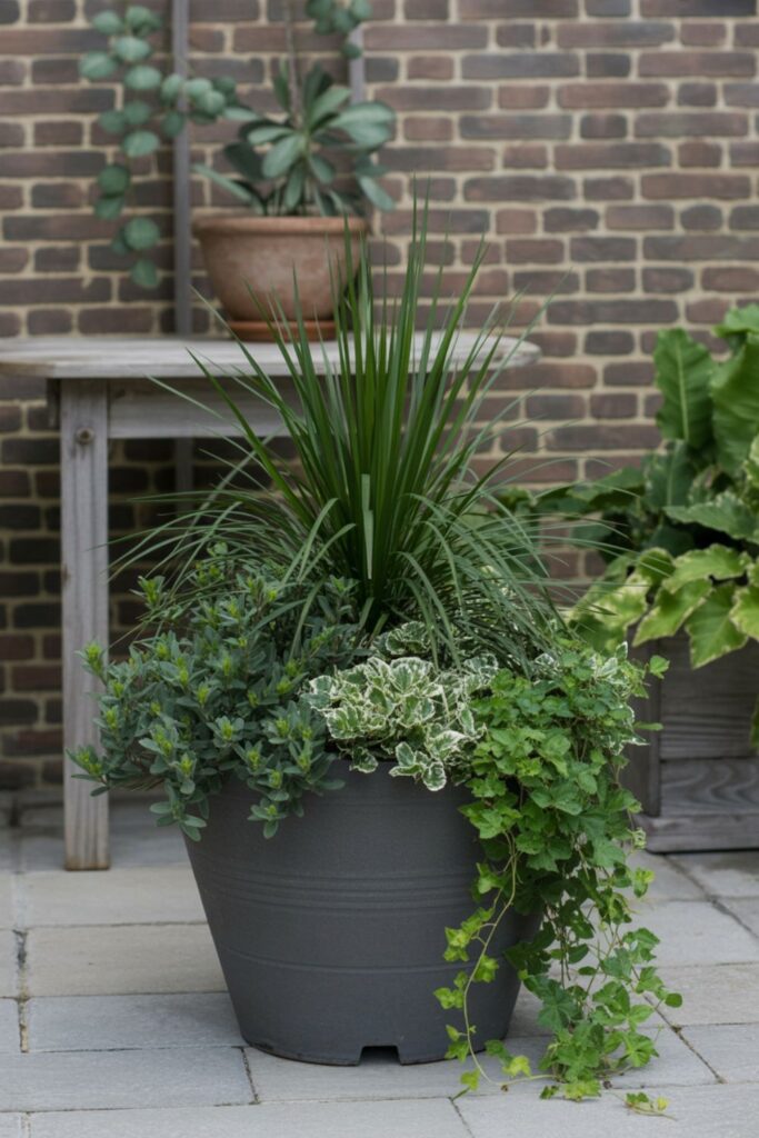 A container garden showing the thriller–filler–spiller layout

Tall central plant (thriller)

Bushy medium plants around it (filler)

Trailing vines spilling over the pot (spiller)