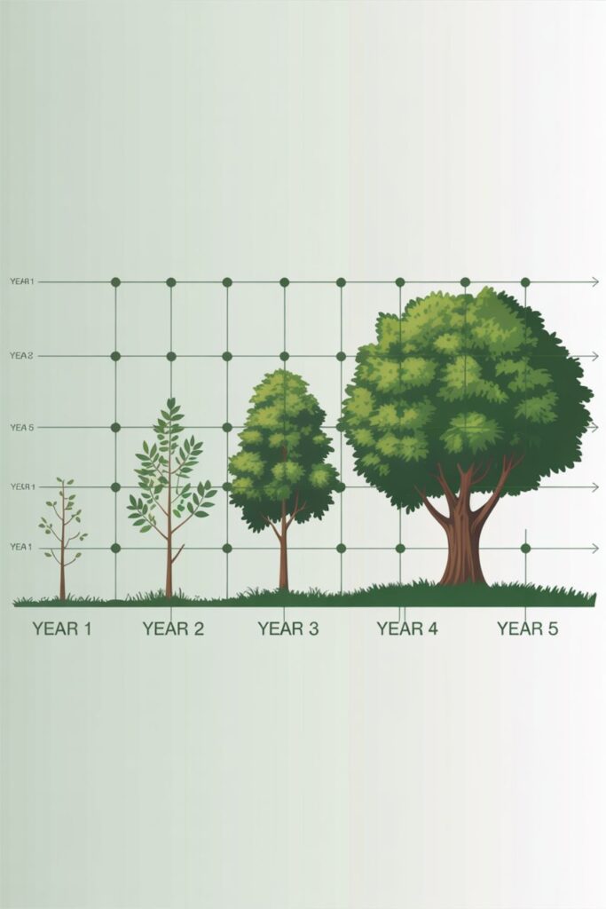31+ Best Fast Growing Trees for Privacy 5 Timeline-style graphic showing tree growth from year 1 to year 5