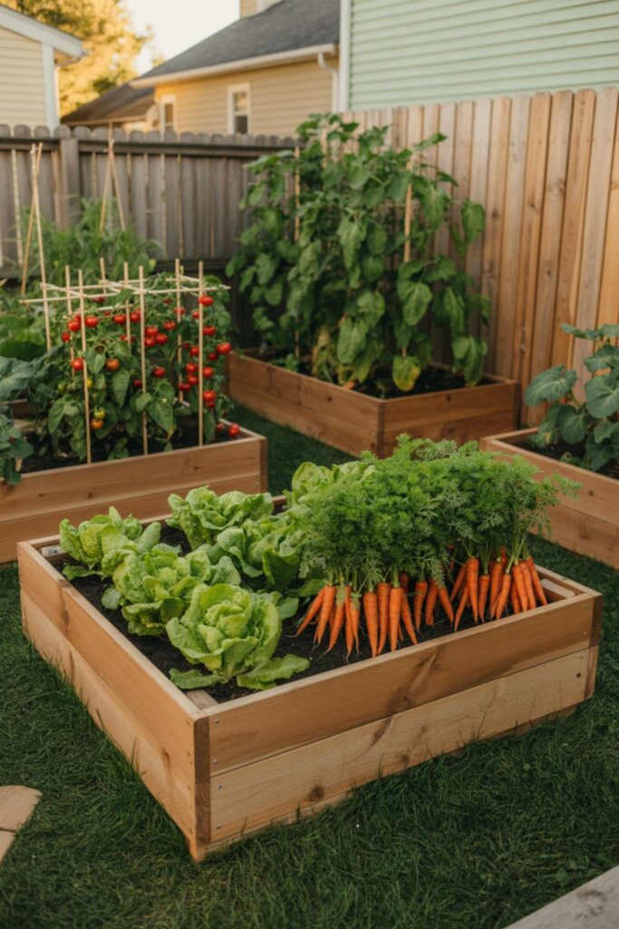 Compact raised beds in a small backyard filled with vegetables.