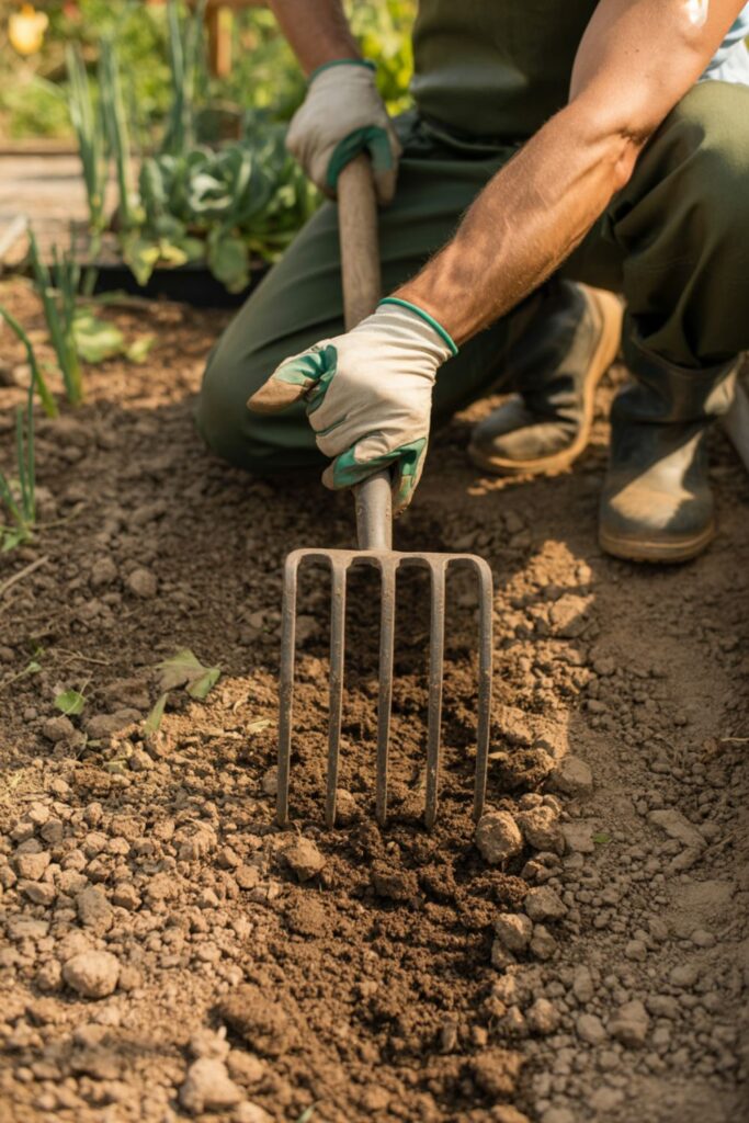 31+ Best Fast Growing Trees for Privacy 4 Gardener loosening soil with a garden fork to improve aeration.