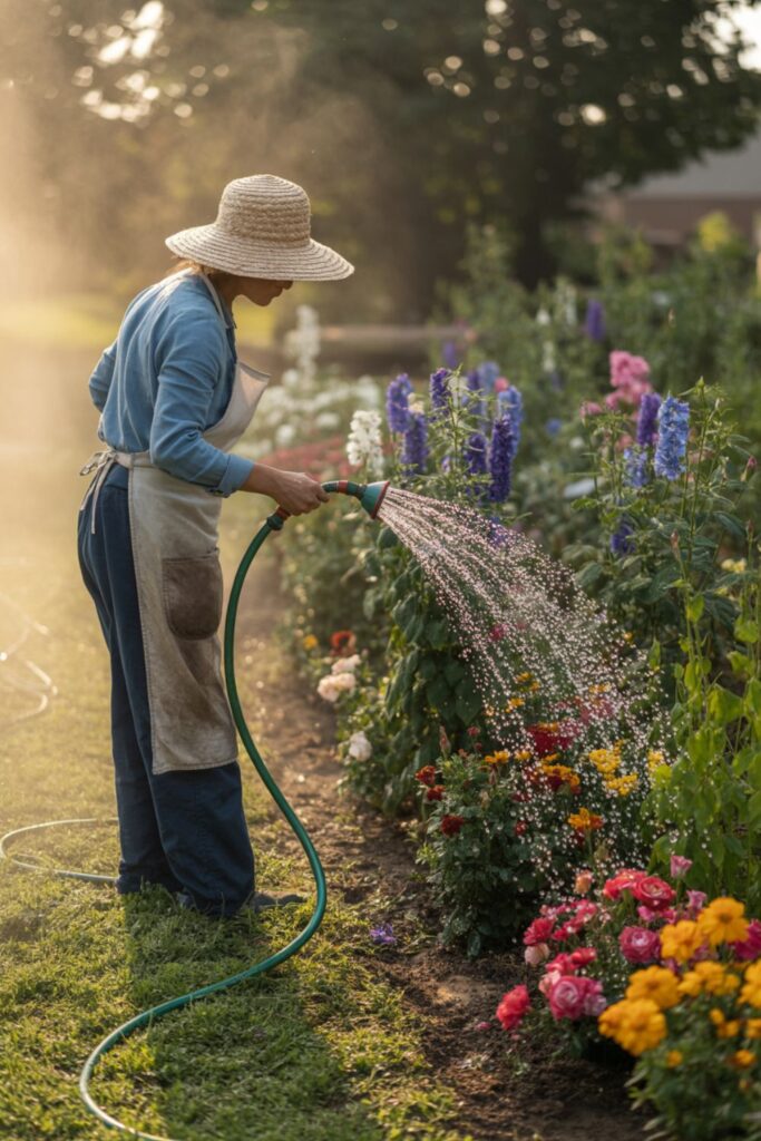 Flower Borders Guide To Design, Plants And Maintenance 4 Gardener watering a flower border with a hose early in the morning.