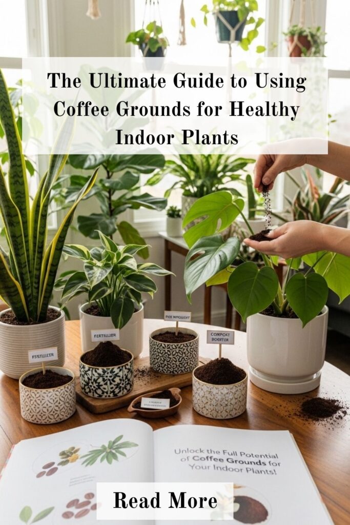 Are Coffee Grounds for Houseplants? A Complete Guide 3 A variety of healthy indoor plants with coffee grounds being added to the soil, illustrating natural fertilization and plant care.
