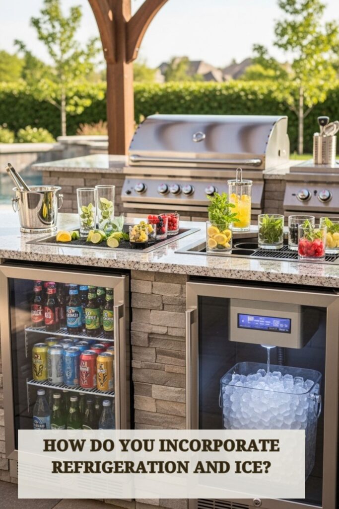 47+ BBQ Area Ideas for Your Patio for Elevate Outdoor Cooking Spaces 4 Backyard BBQ area with built-in outdoor refrigerator, ice storage, and beverage station for drinks and food prep.