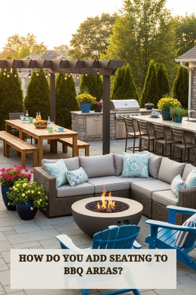 47+ BBQ Area Ideas for Your Patio for Elevate Outdoor Cooking Spaces 3 Backyard BBQ area with dining table, bar stools, and lounge seating arranged around a grill and patio space.