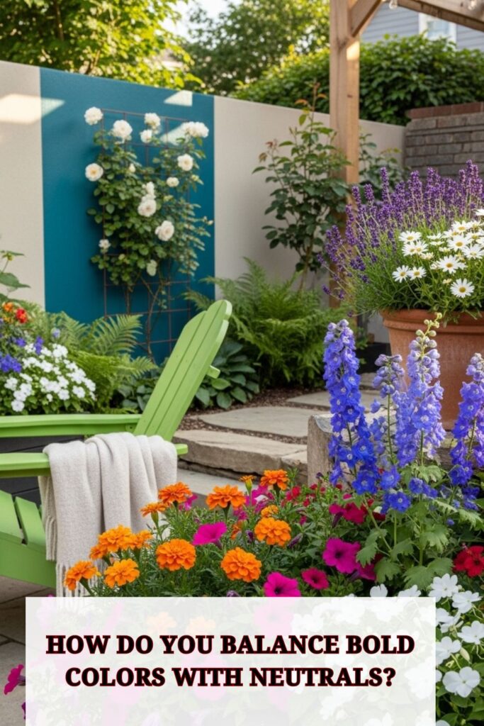 37+ Colorful Backyard Ideas to Brighten Your Outdoor Space 4 Backyard garden with a mix of vibrant flowers, colorful outdoor cushions, and neutral tones in wooden furniture, stone pathways, and green foliage, creating a balanced and visually appealing space.