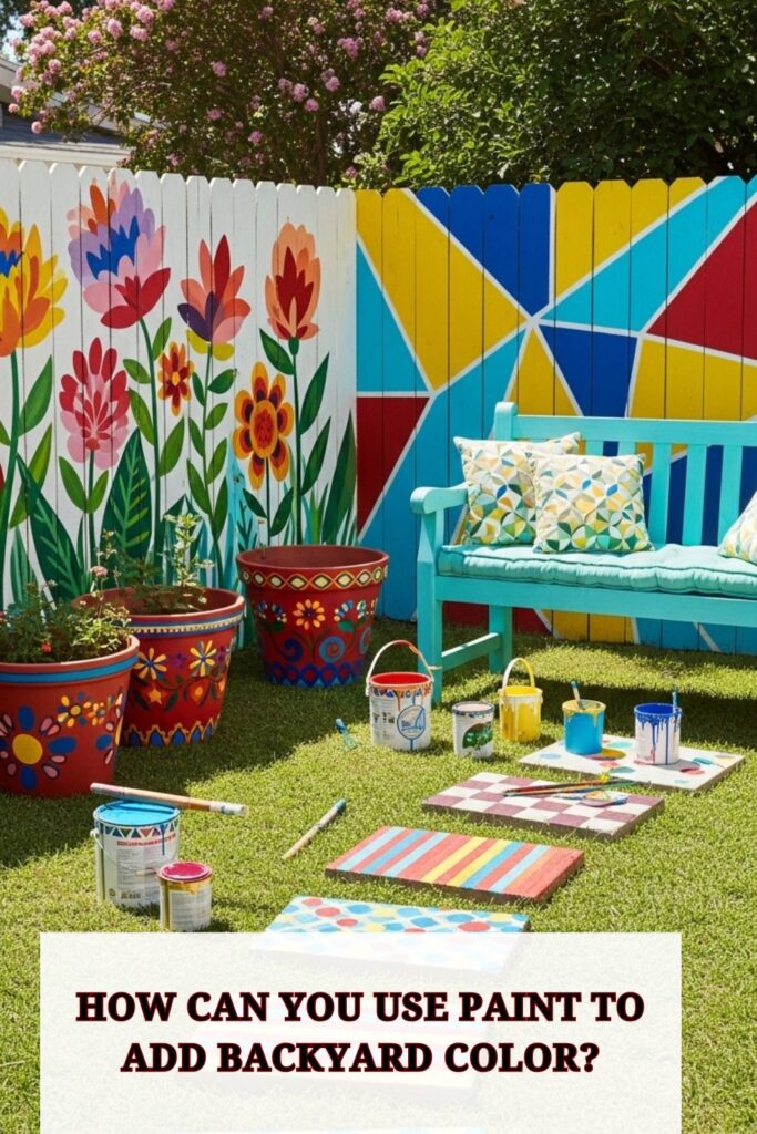 37+ Colorful Backyard Ideas to Brighten Your Outdoor Space 2 Backyard with brightly painted wooden fence, colorful garden planters, and painted outdoor furniture, creating a lively and visually appealing garden space.