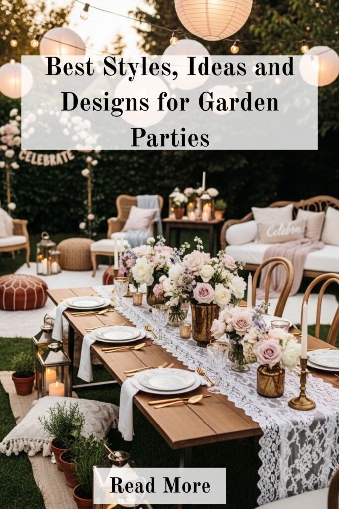 27+ Stunning Garden Party Ideas for Stylish Outdoor Celebrations 2 Best garden party styles and designs featuring decorated outdoor tables, string lights, floral arrangements, and stylish seating in a backyard setting.