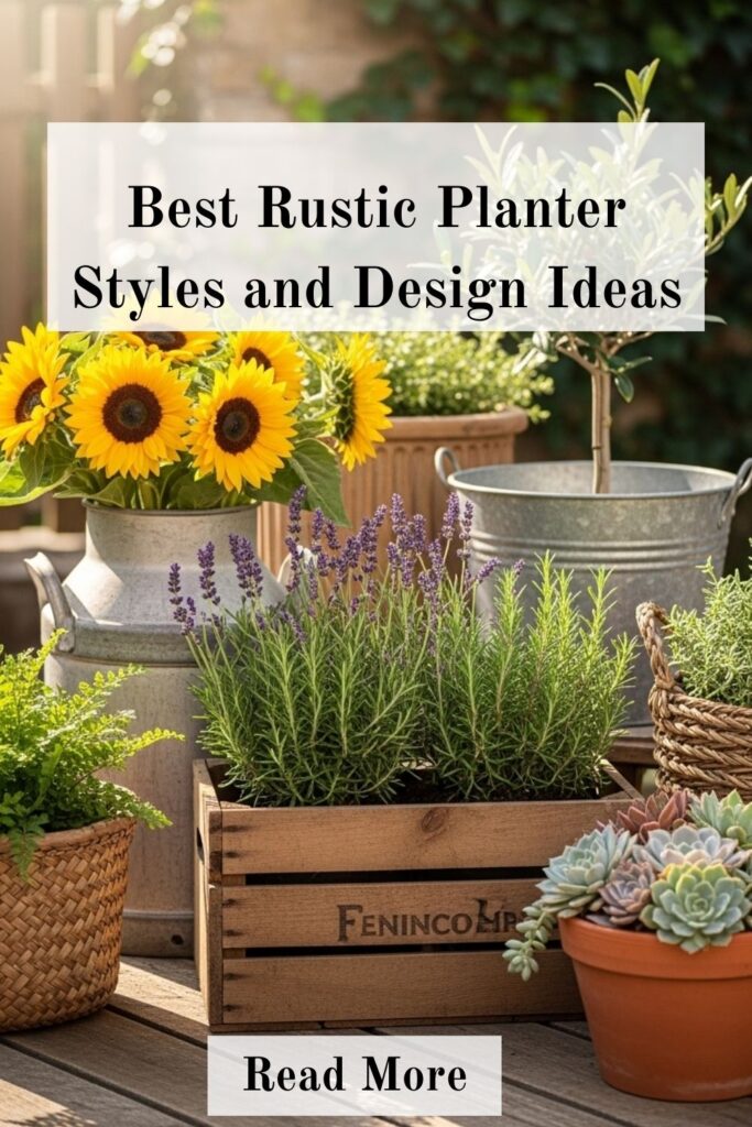 Rustic Planter Ideas That Bring Timeless Charm to Your Home 2 Best rustic planter styles featuring wooden, metal, and terracotta planters arranged with flowers and greenery in a cozy outdoor garden setting.