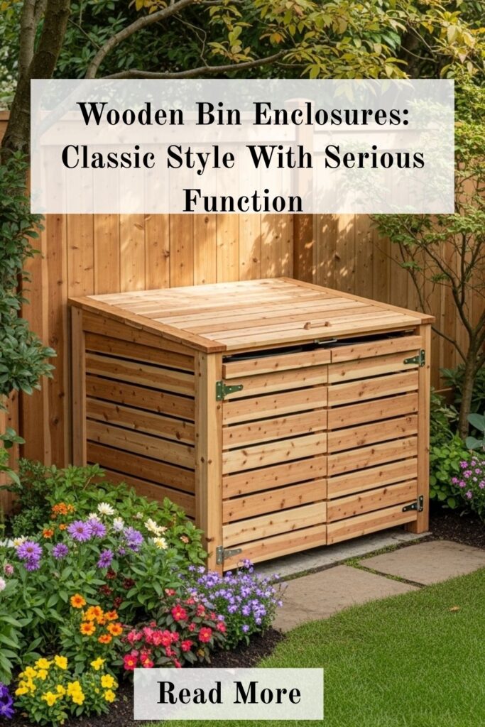 27+ Outdoor Garbage Storage Ideas That Keep Your Yard Clean 2 Cedar wooden bin enclosure with lift-up lid for stylish outdoor garbage storage.