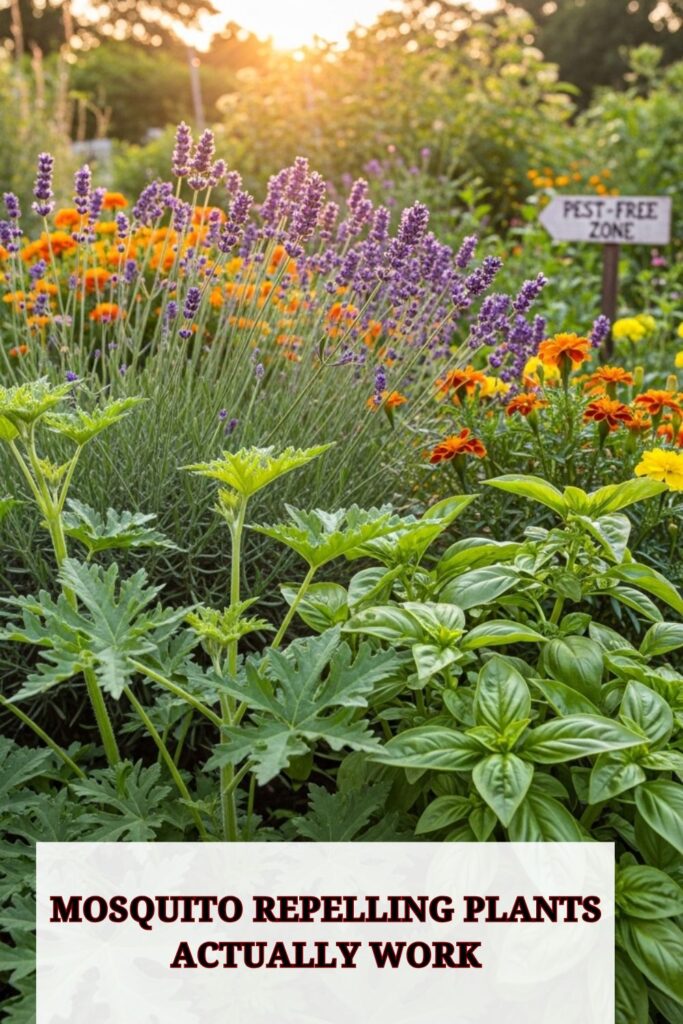 Mosquito Repelling Plants: The Complete Guide to a Bite-Free Yard 2 Close-up of a garden with citronella, lavender, basil, and marigolds in pots and flower beds, demonstrating effective natural mosquito-repelling plants.