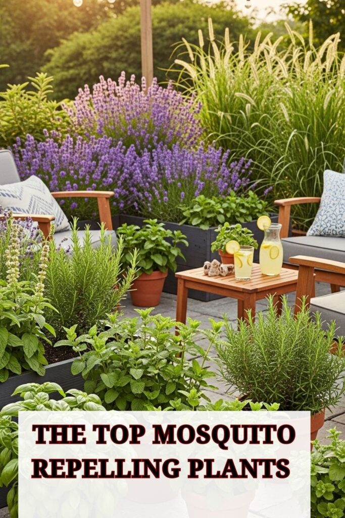 Mosquito Repelling Plants: The Complete Guide to a Bite-Free Yard 3 Collection of mosquito-repelling plants including lavender, citronella grass, basil, mint, and rosemary arranged in pots on a sunny patio and garden area.