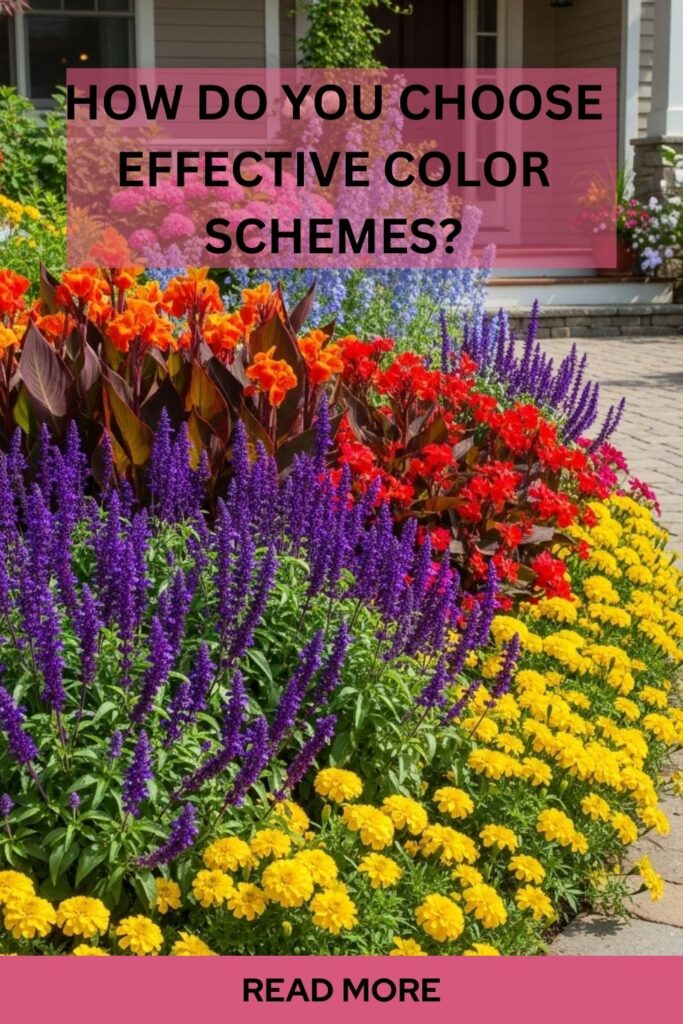 35+ Simple Stunning Front Yard Flower Bed Ideas 4 Colorful front yard flower bed with a mix of complementary and contrasting flowers creating a balanced and visually appealing landscape design.