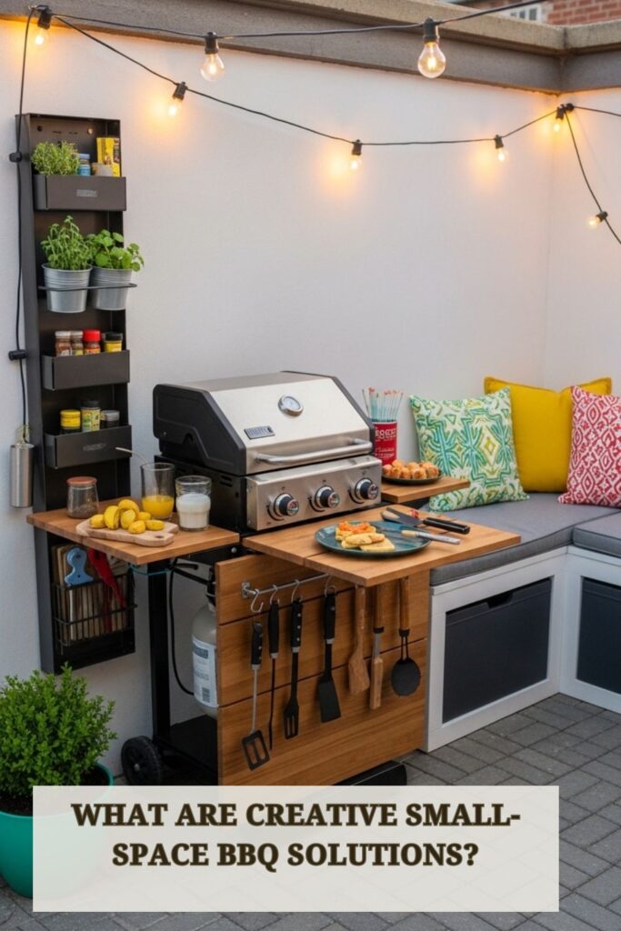 47+ BBQ Area Ideas for Your Patio for Elevate Outdoor Cooking Spaces 5 Compact backyard BBQ Area Ideas setup with small grill, foldable counter, vertical storage, and cozy seating for limited outdoor space.