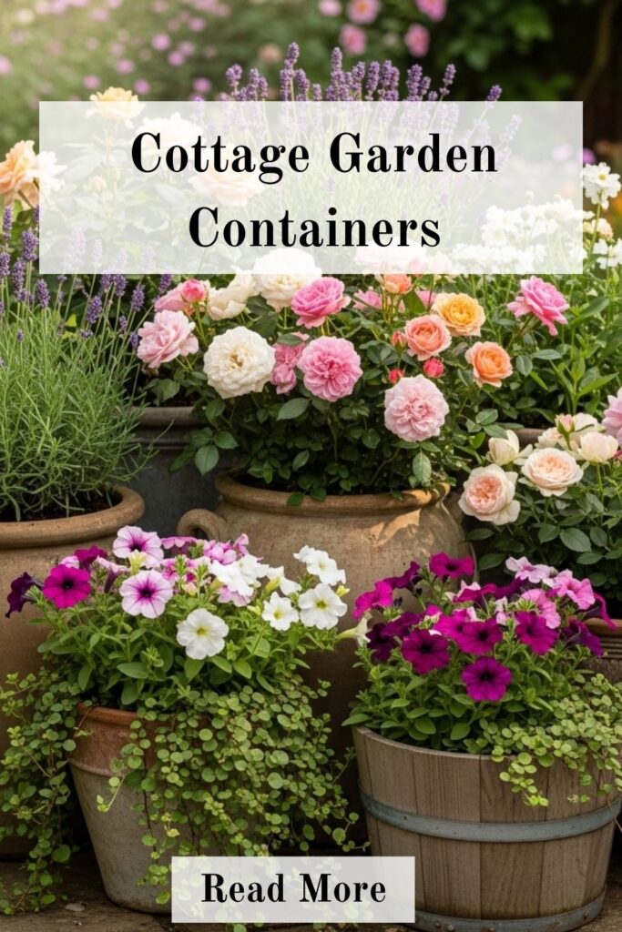 20+ Stunning Spring Planter Ideas for a Fresh Garden Look 5 Cottage-style garden container filled with roses, lavender, and colorful trailing flowers in a rustic planter on a porch.