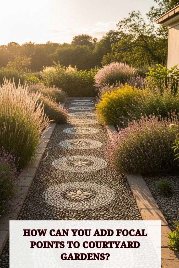 45+ Courtyard Garden Design Ideas 4 Courtyard garden featuring a central water fountain surrounded by vibrant flowers and decorative planters, creating a striking focal point in a lush, well-designed outdoor space.