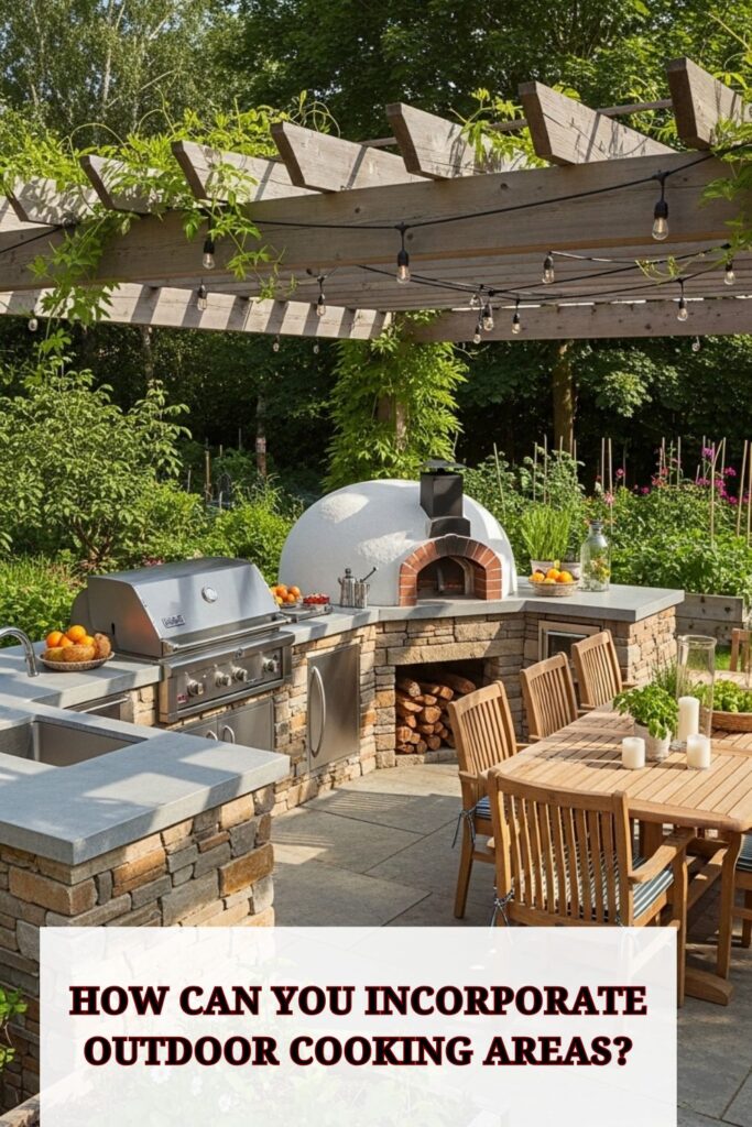 45+ Courtyard Garden Design Ideas 5 Courtyard garden with a built-in outdoor grill, wooden prep counter, dining table, and surrounding greenery, creating a cozy and functional outdoor cooking and dining space.