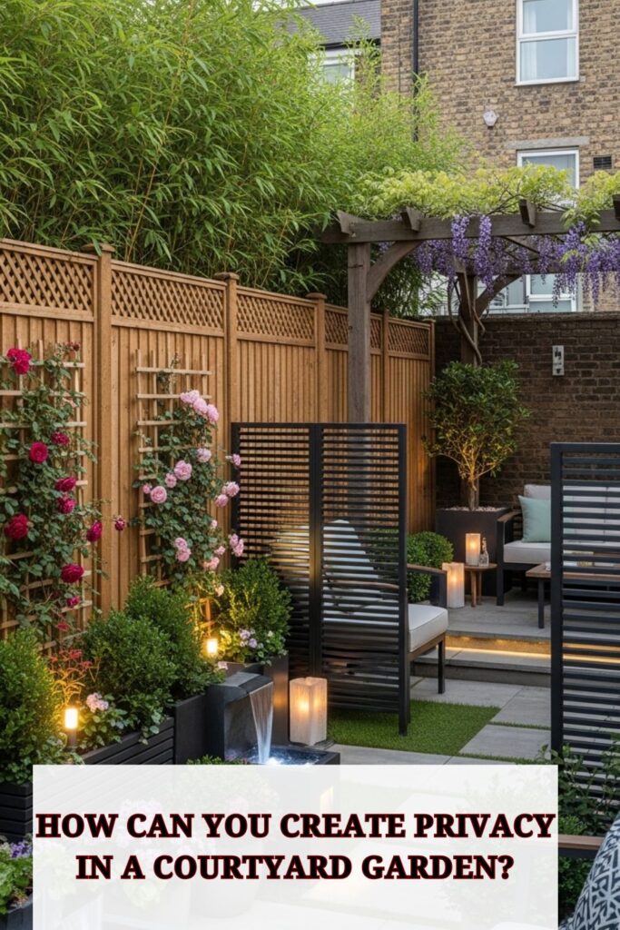 45+ Courtyard Garden Design Ideas 3 Courtyard garden with tall hedges, wooden trellis, and climbing plants creating a private, cozy outdoor seating area surrounded by greenery and flowers.
