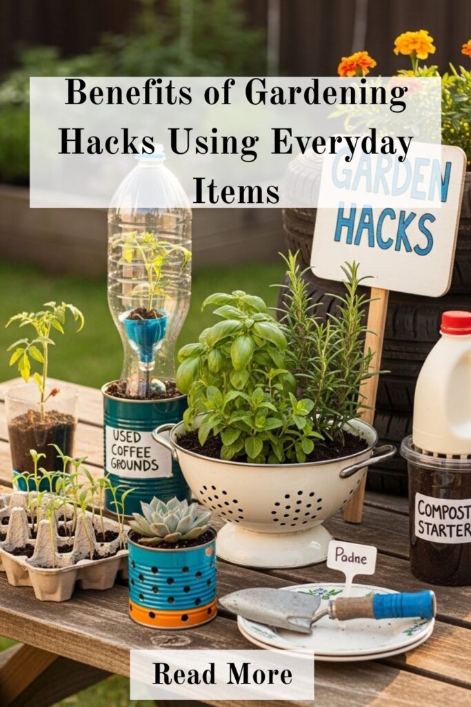 25+ Gardening Hacks Using Everyday Items for Smarter Growing 5 Creative gardening setup showing repurposed household items like jars, bottles, and containers used to grow plants efficiently.