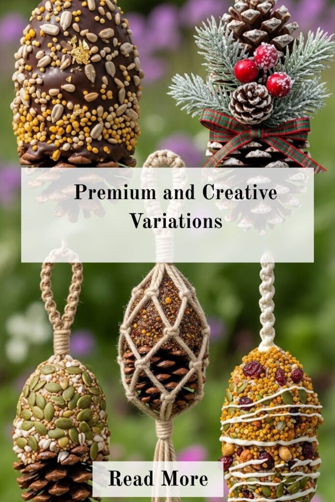 DIY Pine Cone Bird Feeders for Easy Backyard Bird Care 5 Creative premium pine cone bird feeders decorated with seeds, nuts, and colorful seasonal accents hanging in a backyard garden