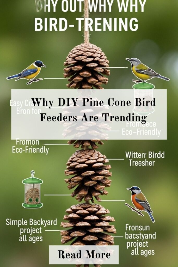 DIY Pine Cone Bird Feeders for Easy Backyard Bird Care 2 DIY pine cone bird feeder hung from a tree branch with seeds showing why this trending craft is loved.