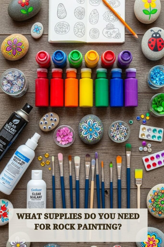 25+ Genius DIY Garden Rock Art Ideas 2 Essential supplies for rock painting: smooth rocks, colorful acrylic paints, paintbrushes, and sealant on a craft table.
