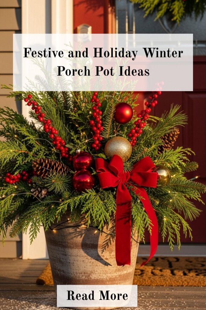 Gorgeous Winter Porch Pot Ideas for Beautiful Front Door 4 Festive holiday winter porch pot with evergreen branches, lights, red berries, ornaments, and pine cones on porch.