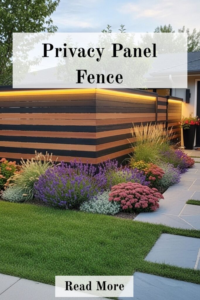 20+ Front Yard Fence Ideas That Boost Curb Appeal Instantly 4 Front yard featuring a privacy panel fence, providing seclusion and stylish design for home landscaping and outdoor comfort.