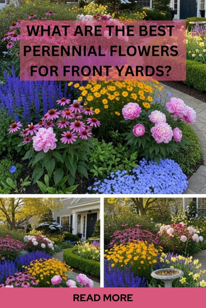 35+ Simple Stunning Front Yard Flower Bed Ideas 3 Front yard flower bed featuring perennial flowers like coneflowers, daylilies, and peonies with layered planting and vibrant seasonal colors.