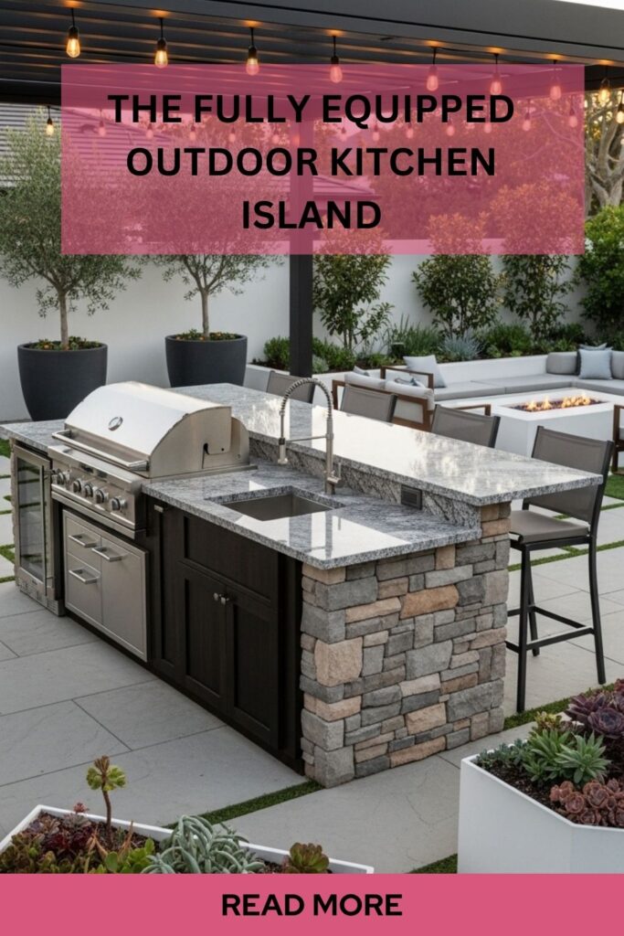 20+ Outdoor Kitchen Patio Design Trends Transforming Backyards in 2025 2 A spacious outdoor kitchen island featuring a built-in stainless steel grill, sink, mini fridge, stone countertop, bar seating, and overhead pergola lighting in a modern backyard setting.