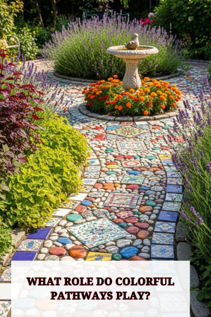 37+ Colorful Backyard Ideas to Brighten Your Outdoor Space 5 Garden pathway made of colorful painted stones, surrounded by greenery and flowers, creating a lively, structured, and visually appealing backyard walkway.