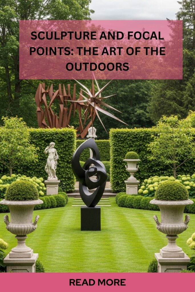 Stunning Garden Features That Transform Any Outdoor Space 4 Garden sculpture and focal points including modern abstract art, classical stone statue, decorative urns, and metal lawn sculpture.