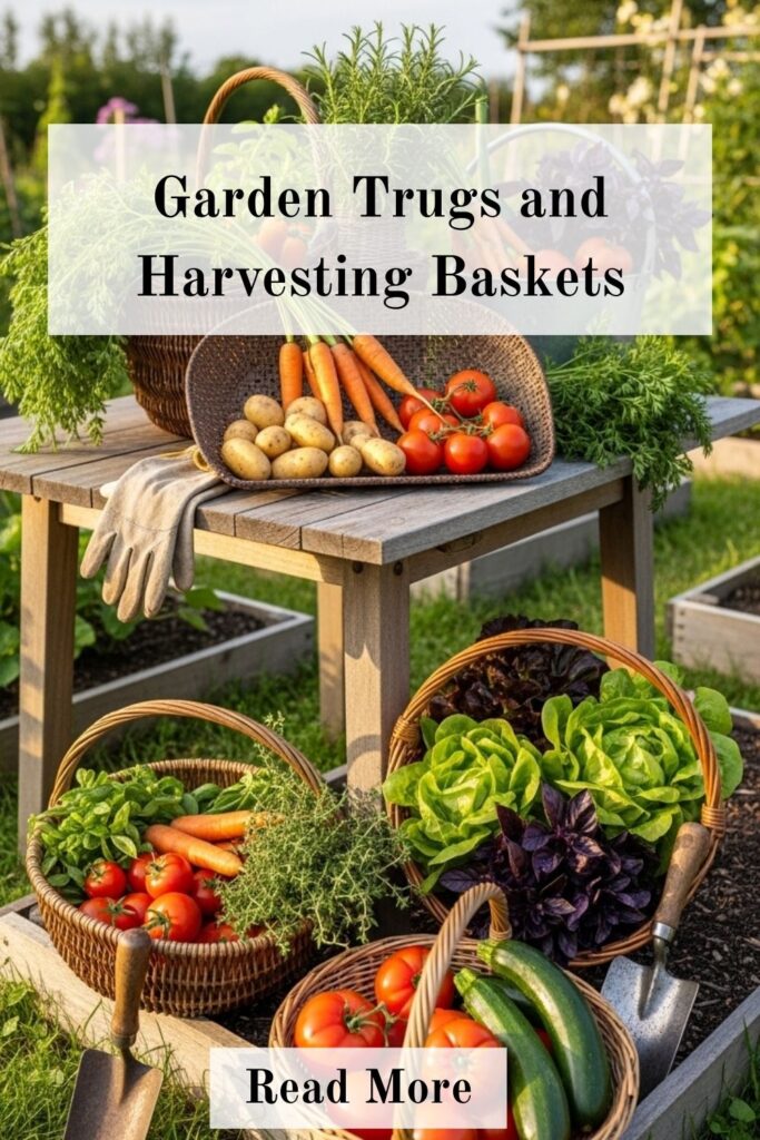 20+ Best Gifts for Gardeners That They'll Actually Use and Love 3 Garden trugs and harvesting baskets filled with fresh vegetables and herbs in a garden setting.