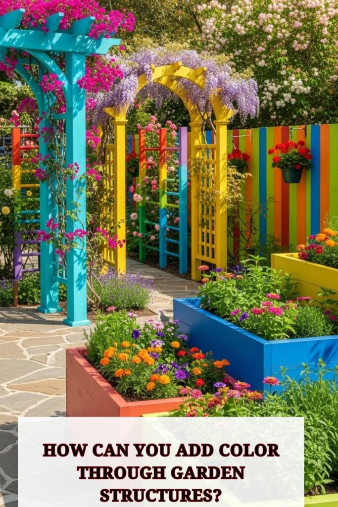 37+ Colorful Backyard Ideas to Brighten Your Outdoor Space 3 Garden with a brightly painted pergola, colorful trellis covered in flowering vines, and raised beds with vibrant flowers, adding color and structure to the backyard.