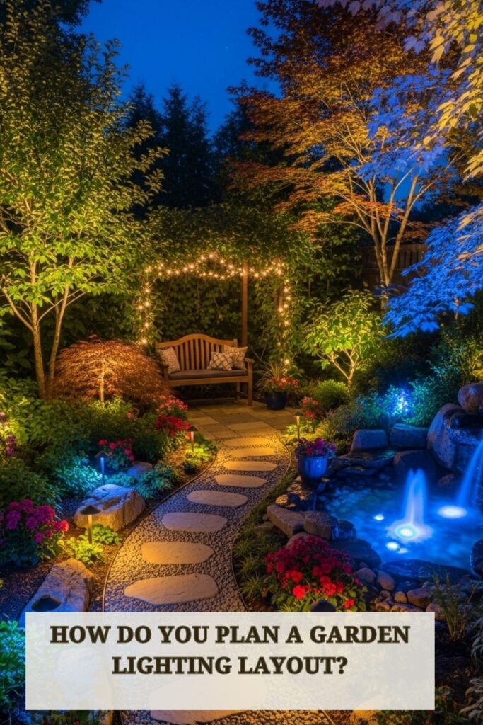 27+ Garden Lighting Ideas to Transform Outdoor Spaces After Dark 2 Garden with well-planned lighting layout featuring path lights, uplights on trees, string lights over seating area, and accent lights on plants.