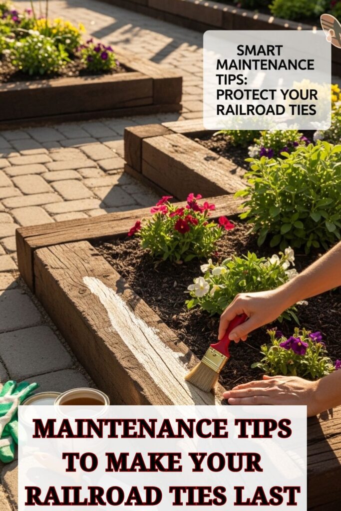 Genius Railroad Tie Landscaping Ideas That Will Transform Your Yard 3 Gardener applying protective sealant to railroad ties used in raised garden beds and landscape borders, surrounded by plants and tools in a sunny backyard.
