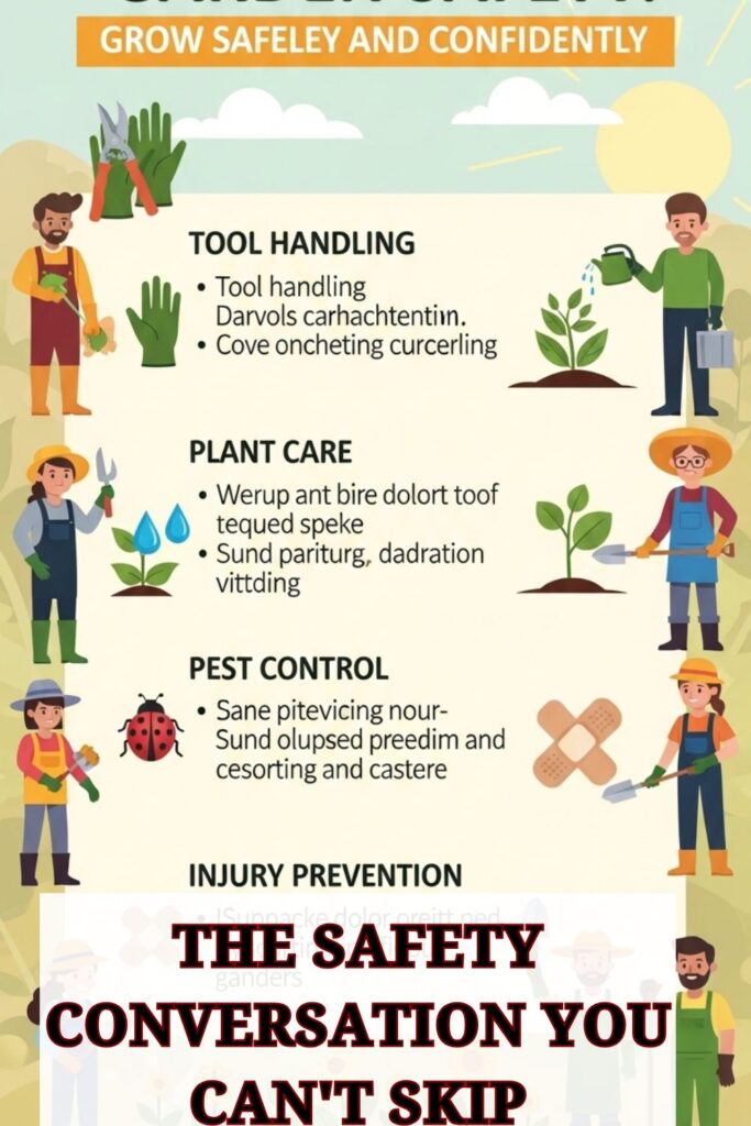 Genius Railroad Tie Landscaping Ideas That Will Transform Your Yard 2 Gardener wearing gloves and safety glasses while using tools in a backyard garden with plants, first aid kit, and organized equipment for safe gardening practices.