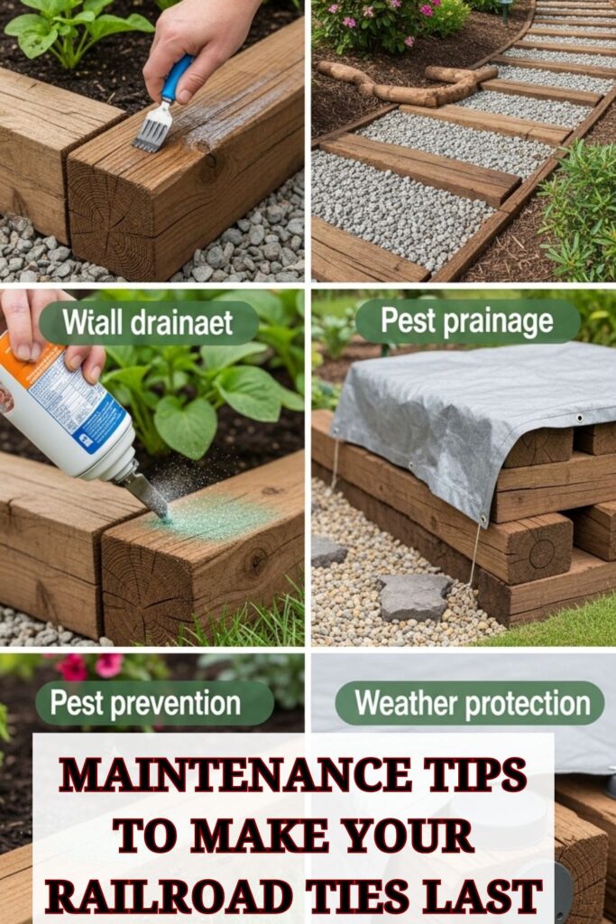 Genius Railroad Tie Landscaping Ideas That Will Transform Your Yard 4 Home gardener treating wooden railroad ties with sealant beside raised garden beds, showing tools, gloves, and plants in a well-maintained backyard landscape.