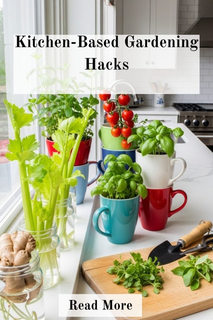 25+ Gardening Hacks Using Everyday Items for Smarter Growing 2 Indoor kitchen garden featuring herbs and vegetables grown in repurposed jars, mugs, and containers using kitchen-based gardening hacks.