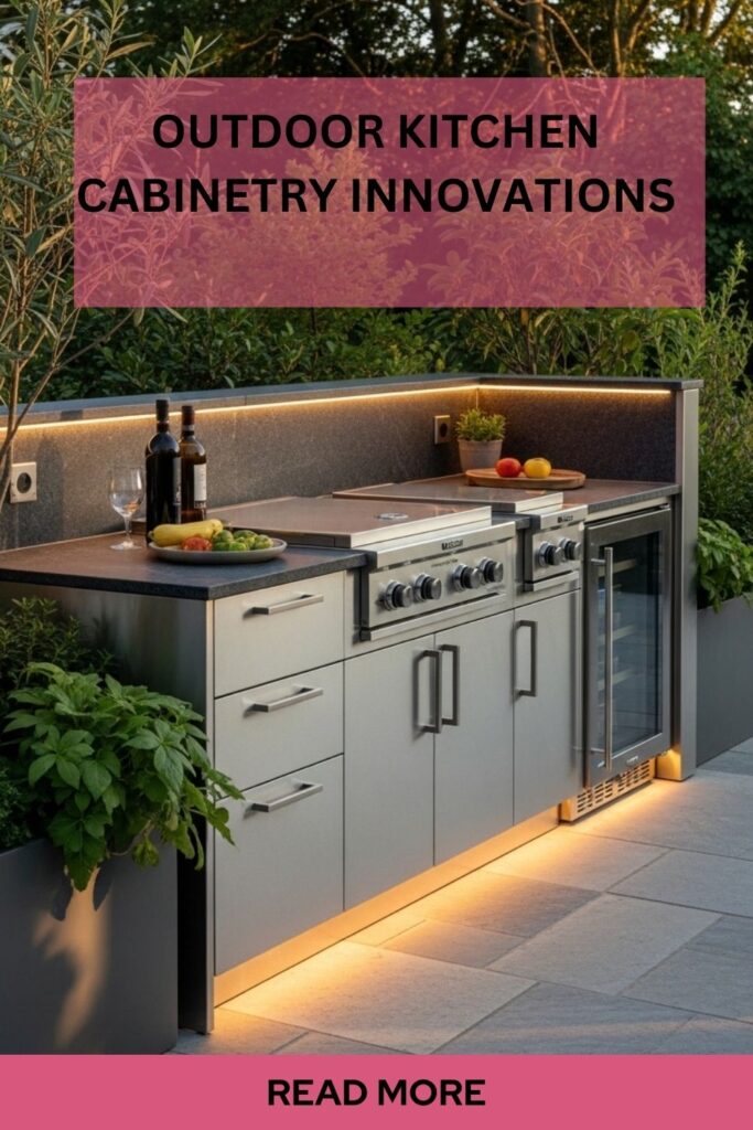 20+ Outdoor Kitchen Patio Design Trends Transforming Backyards in 2025 6 Innovative outdoor kitchen cabinetry with stainless steel cabinets, soft-close drawers, and built-in LED lighting.