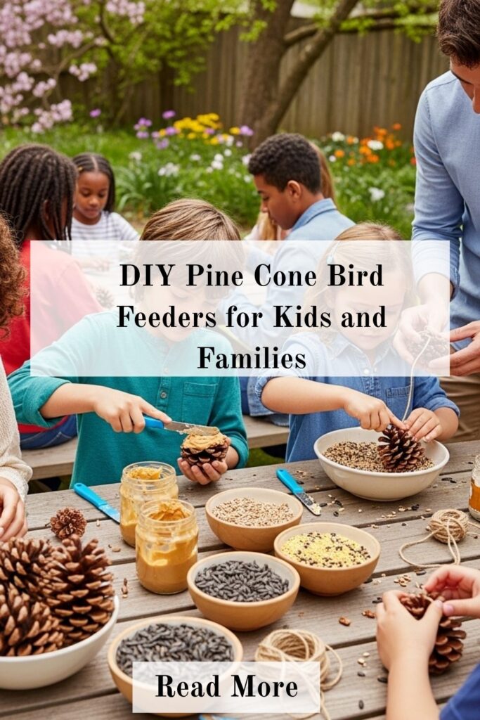 DIY Pine Cone Bird Feeders for Easy Backyard Bird Care 4 Kids making DIY pine cone bird feeders with peanut butter and seeds at a family craft table.