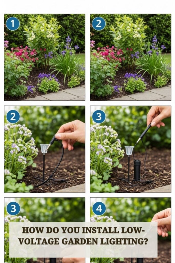 27+ Garden Lighting Ideas to Transform Outdoor Spaces After Dark 5 Low-voltage garden lighting installation showing pathway lights, wiring, and outdoor fixtures in a backyard garden.