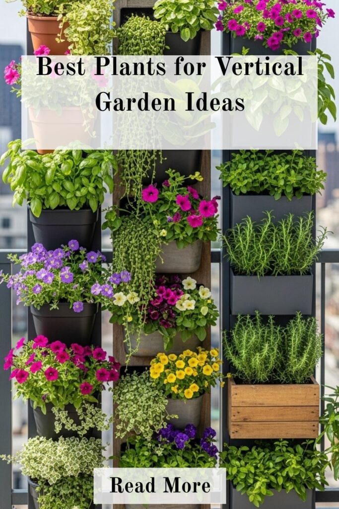 25+ Vertical Garden Ideas to Maximize Small Spaces special 3 Lush vertical garden wall featuring trailing vines, colorful flowers, and herbs in mounted planters on a patio.