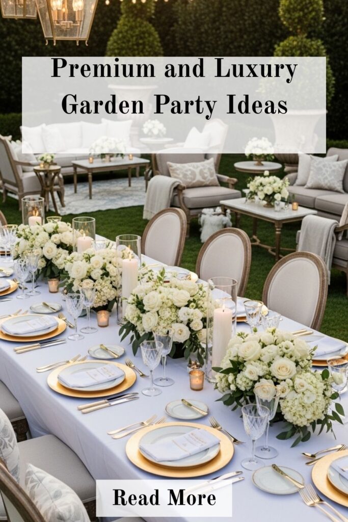 27+ Stunning Garden Party Ideas for Stylish Outdoor Celebrations 5 Luxury garden party setup with elegant outdoor furniture, crystal tableware, floral centerpieces, soft lighting, and premium décor in a stylish landscaped backyard.