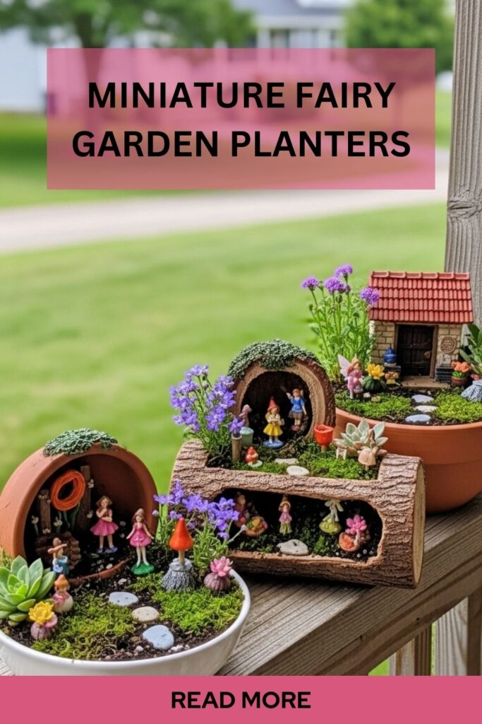 20+ Stunning Spring Planter Ideas for a Fresh Garden Look 4 Miniature fairy garden planter with tiny house, moss, small flowering plants, and decorative pebbles arranged in a container.